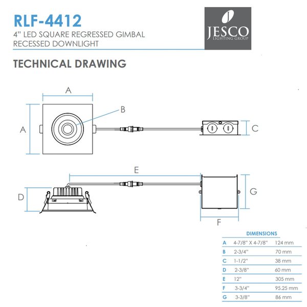 Jesco Downlight LED 4 Square Regressed Gimbal Recessed 12W 5CCT 90CRI BK RLF-4412-SW5-BK